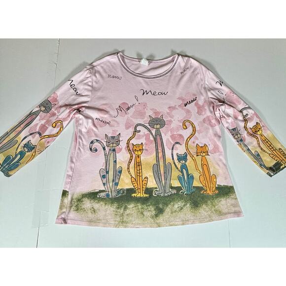 Jess & Jane Pink Y2K Cat Kitten Long Sleeve Shirt Cotton Vintage Meow Size XL - Picture 3 of 5